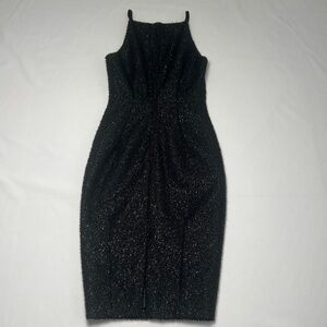 H&M  Women Black Textured Midi Dress Size 4 Cocktail Sparkly Halter Neckline